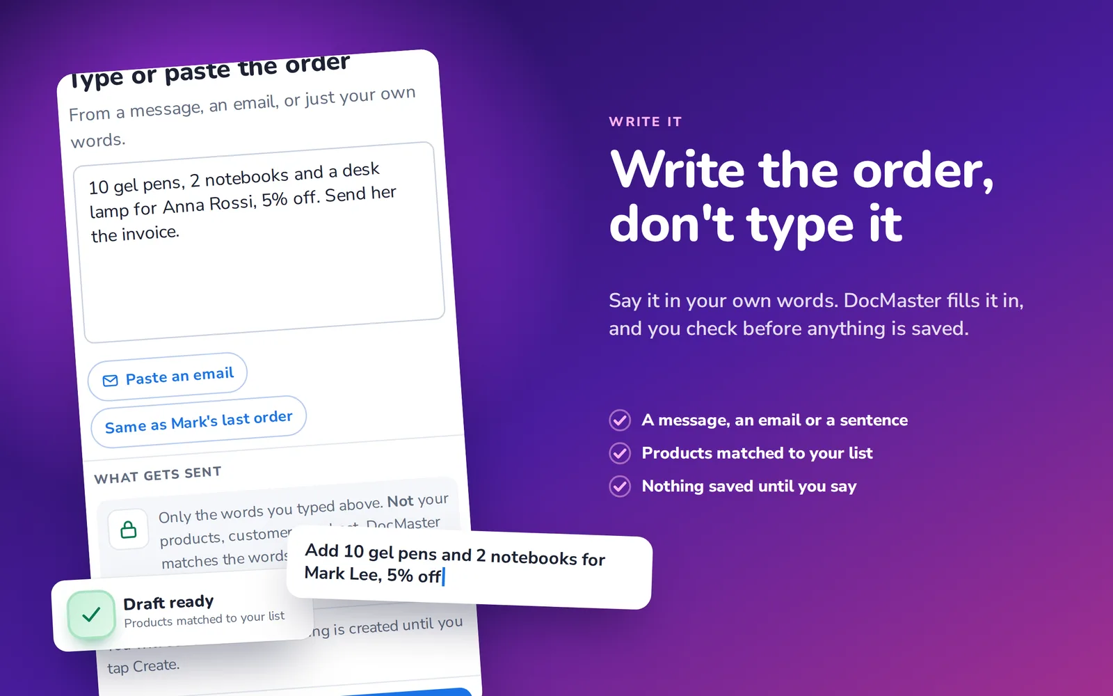 The DocMaster write-the-order panel with a typed request