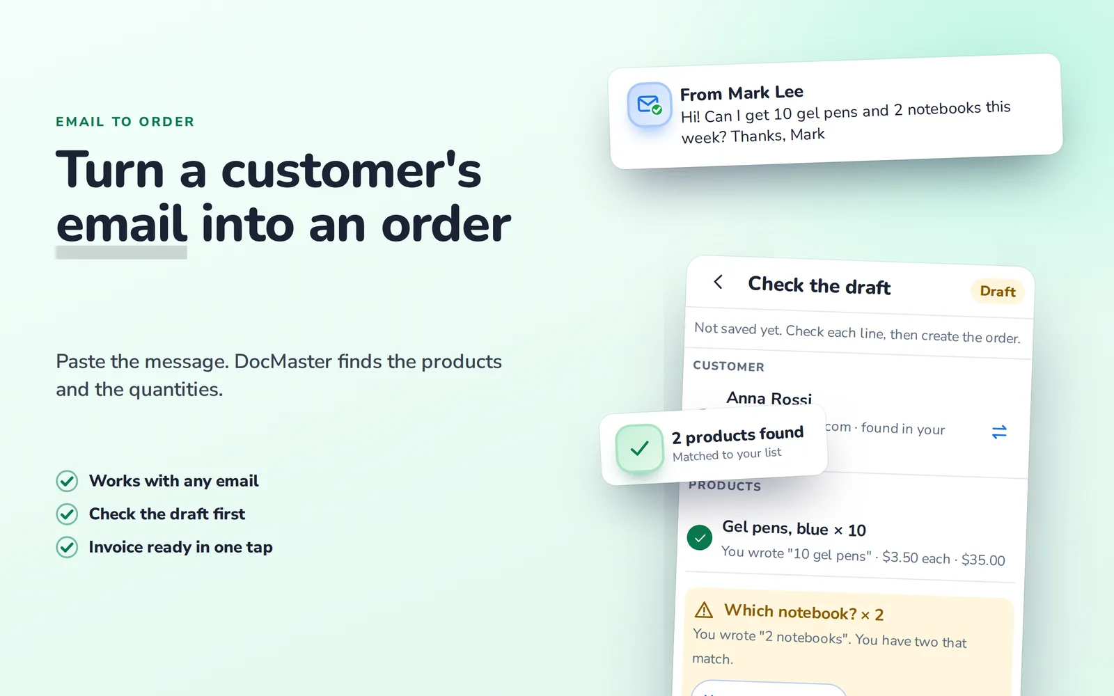 The DocMaster check-the-draft panel next to a customer email
