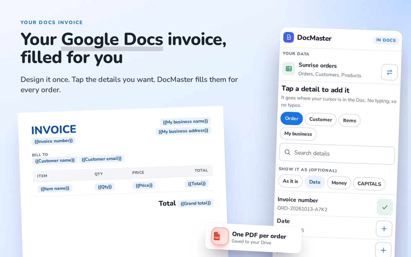 A Google Docs invoice with DocMaster details tapped into it