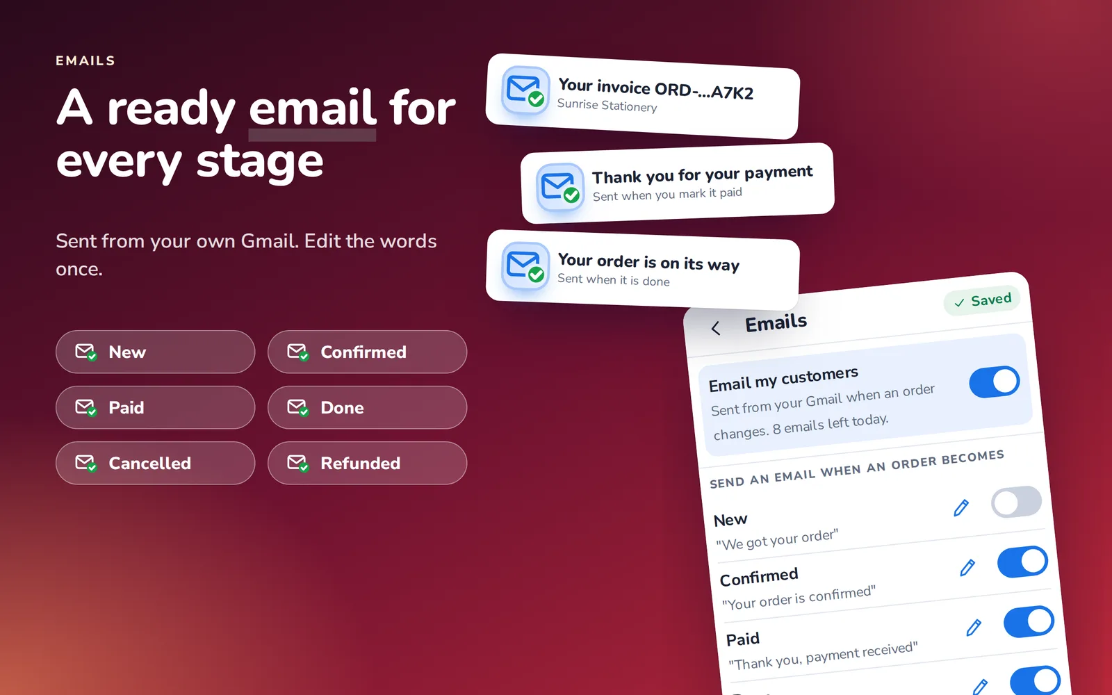 DocMaster email templates, one for each order stage