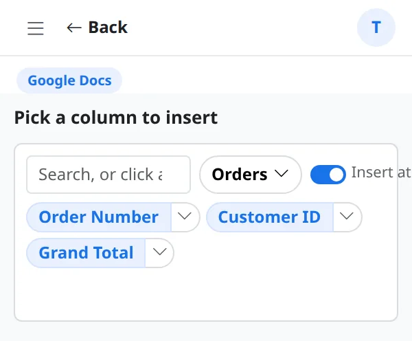 Google Docs: pick a column to insert, with a search box and tab list