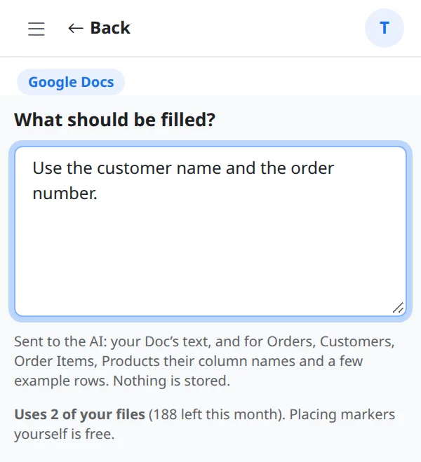 Google Docs: the prompt box with an example