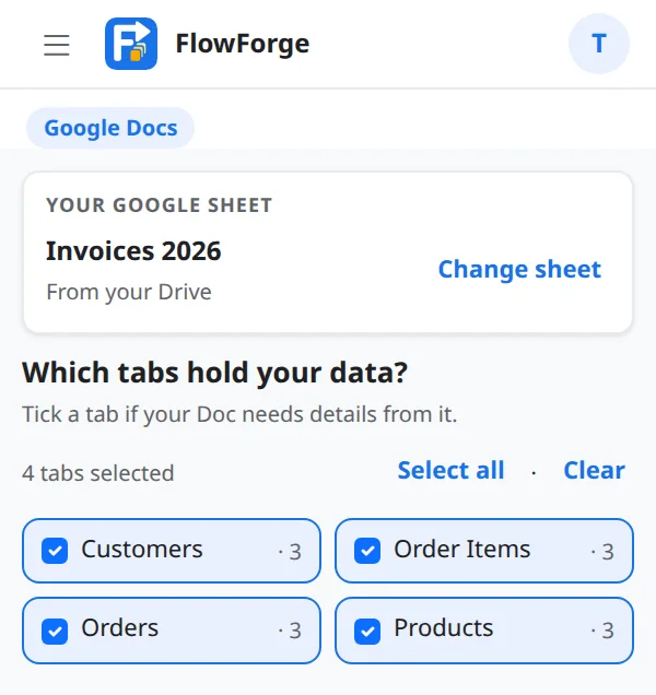 Google Docs: choose a sheet and tick the tabs that hold your data