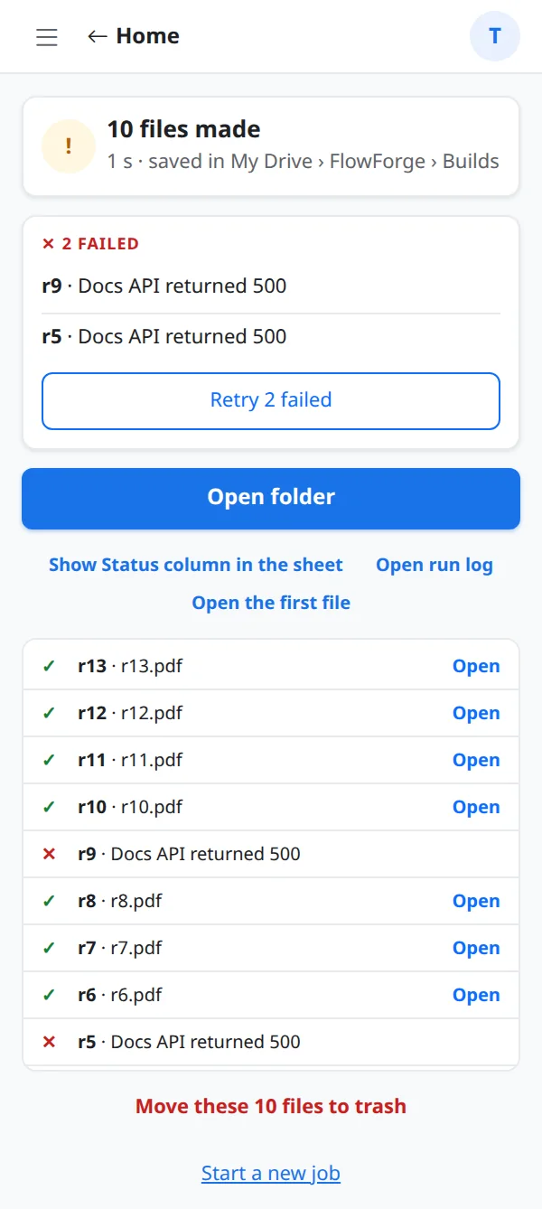 A finished run with 10 files made, 2 failed, and a Retry 2 failed button