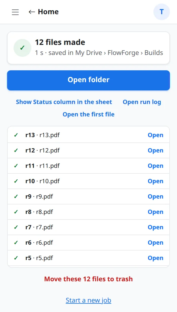 A finished run: 12 files made with Open folder and Open the first file
