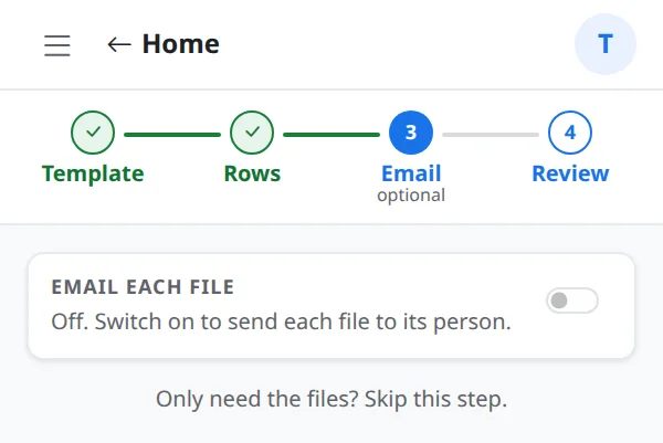The Email step switched off, saying you can skip it