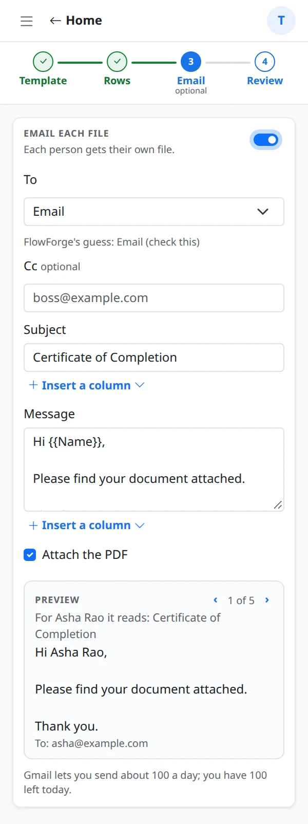 The Email step switched on with To, Cc, Subject, Message, Attach the PDF and a preview