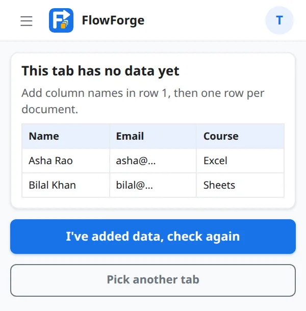 A tab with column names but no data