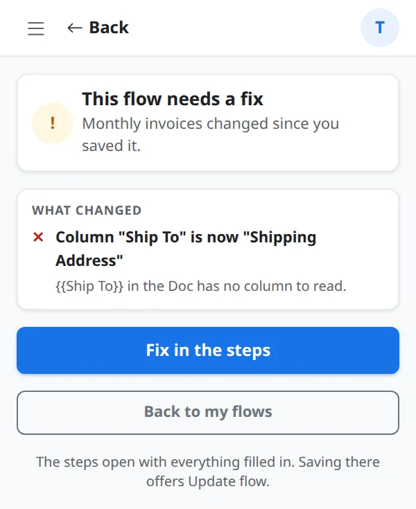 This flow needs a fix: a column Ship To is now Shipping Address