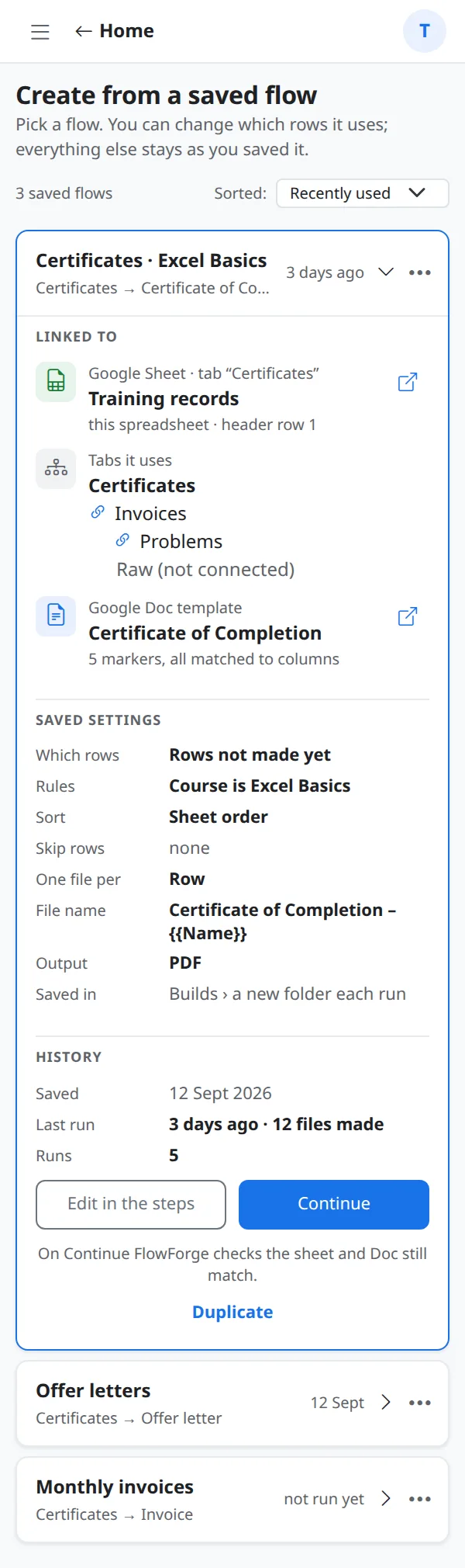 A saved flow open, showing its tabs, template and settings with Continue