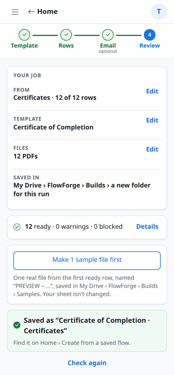 A flow saved with the name Certificate of Completion – Certificates