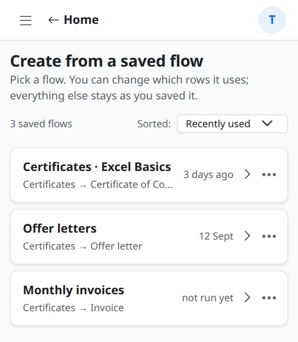 The list of saved flows with Certificates Excel Basics, Offer letters and Monthly invoices