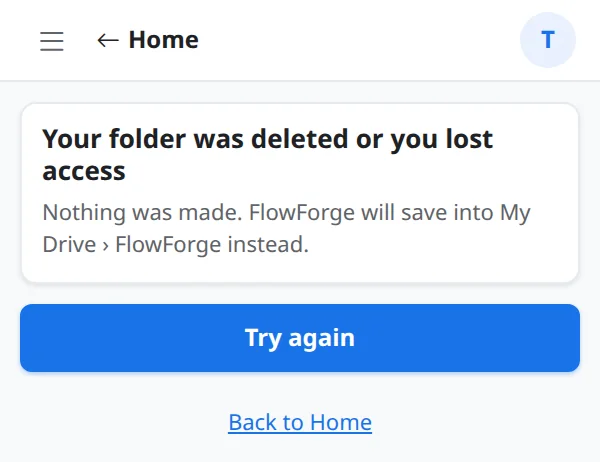 Your folder was deleted or you lost access, with Try again