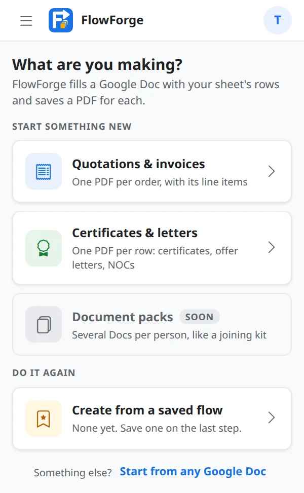 The FlowForge Home screen with Quotations and invoices, Certificates and letters, and Create from a saved flow