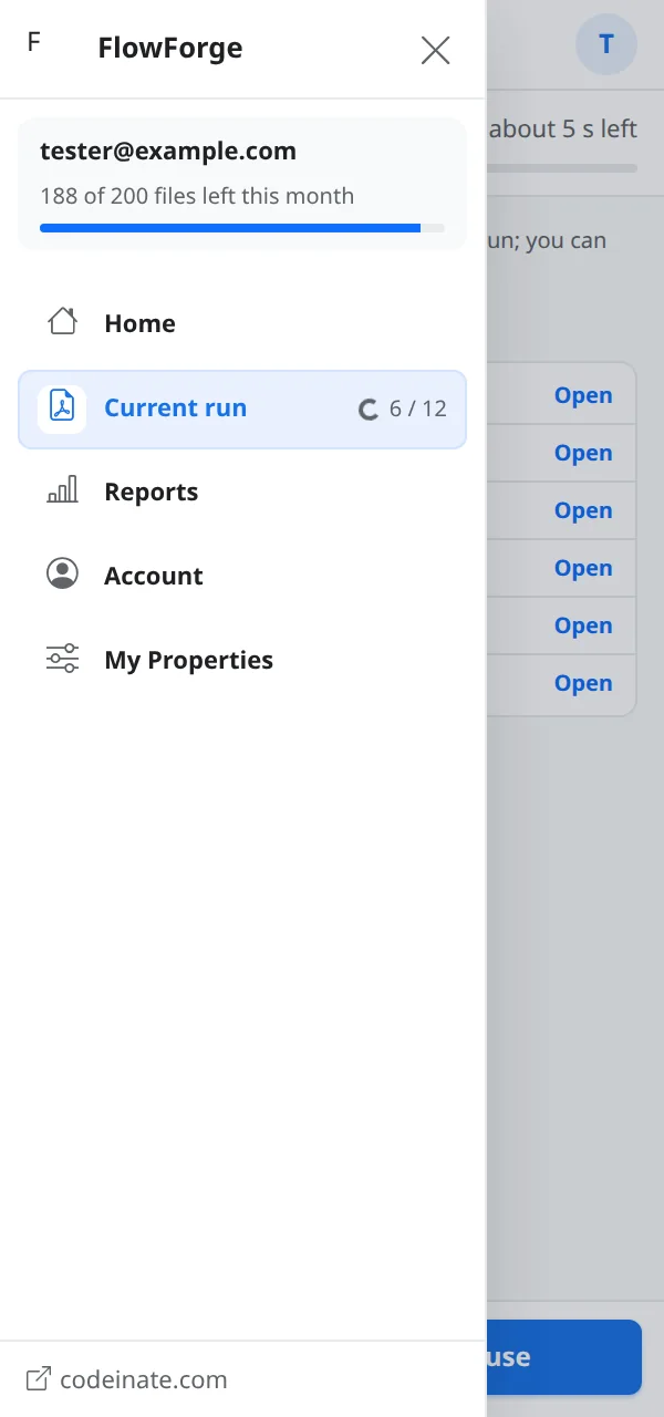 The FlowForge menu open over the sidebar