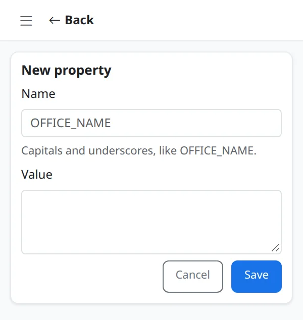 The new property form with Name and Value