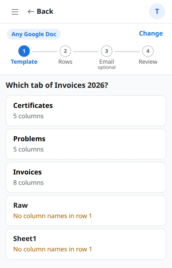 A list of the tabs of the spreadsheet Invoices 2026 with their column counts