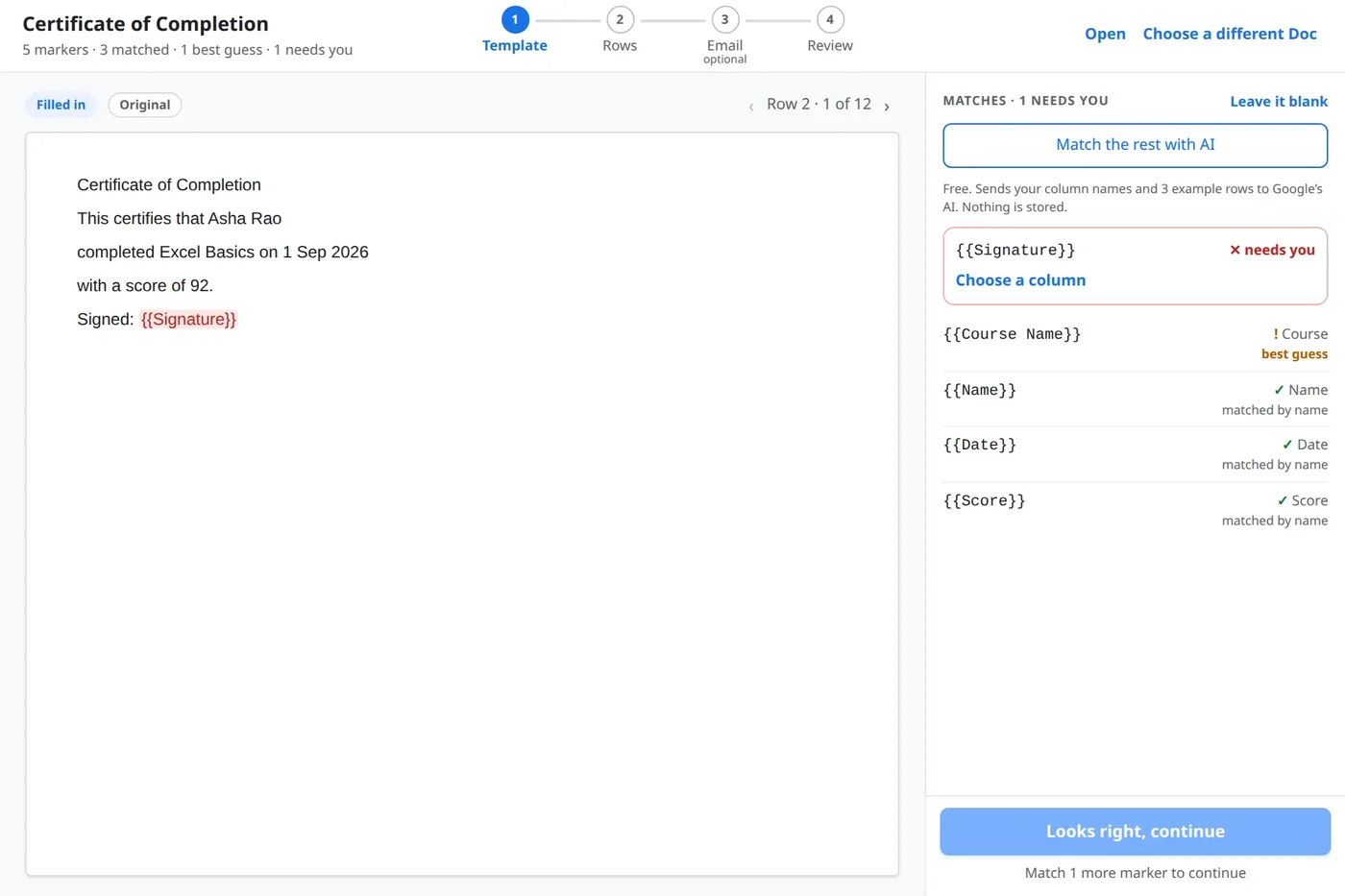 The preview window: a certificate filled in with Asha Rao, and the list of markers with matched by name, best guess and needs you