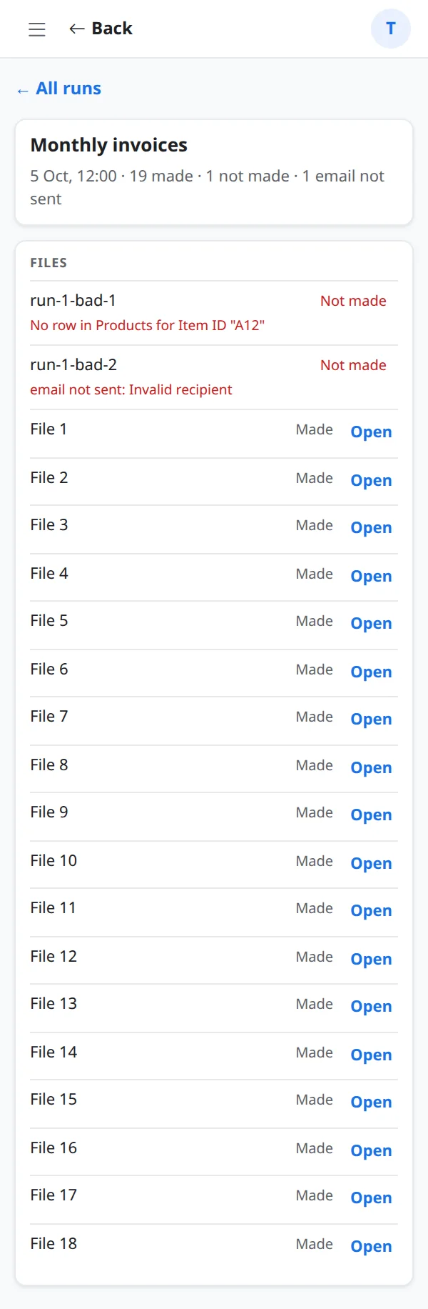 The detail of one run listing its files