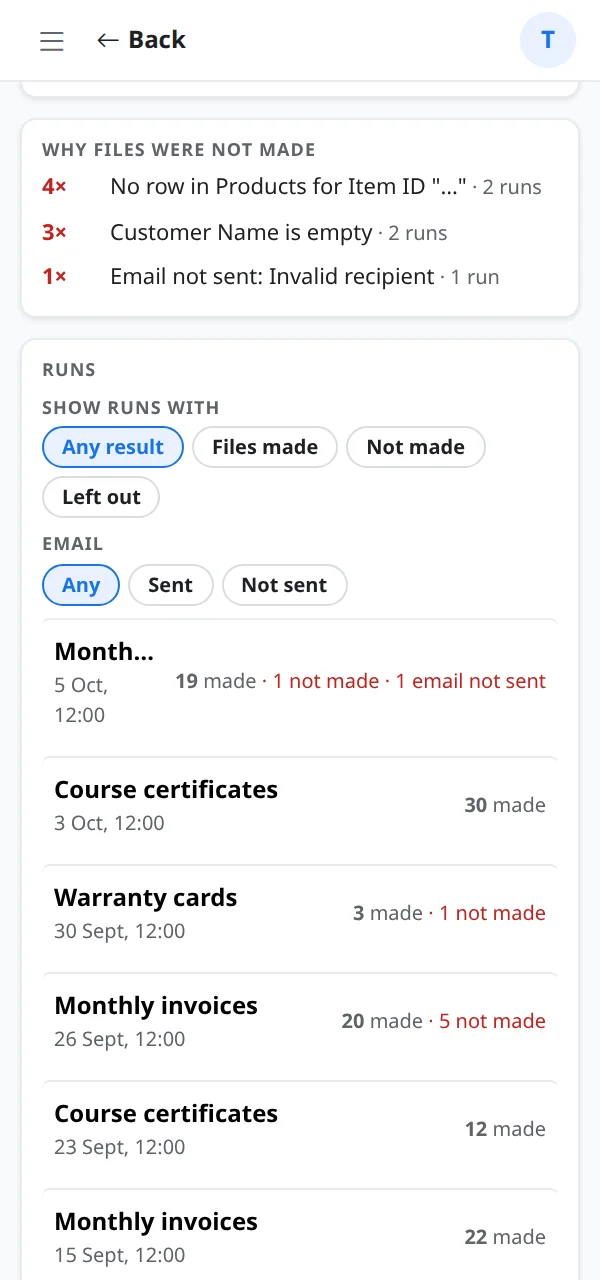 A list of runs with how many files each made