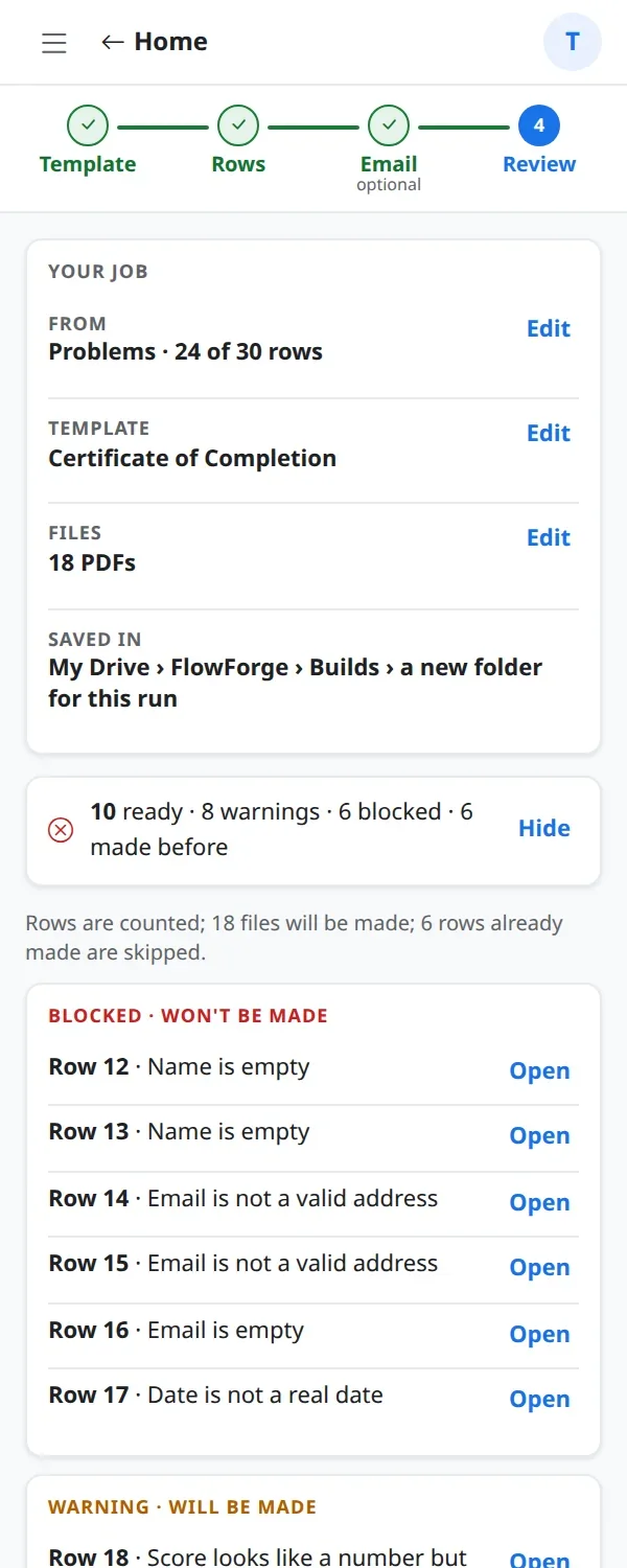A list of blocked rows with the reason for each and an Open link