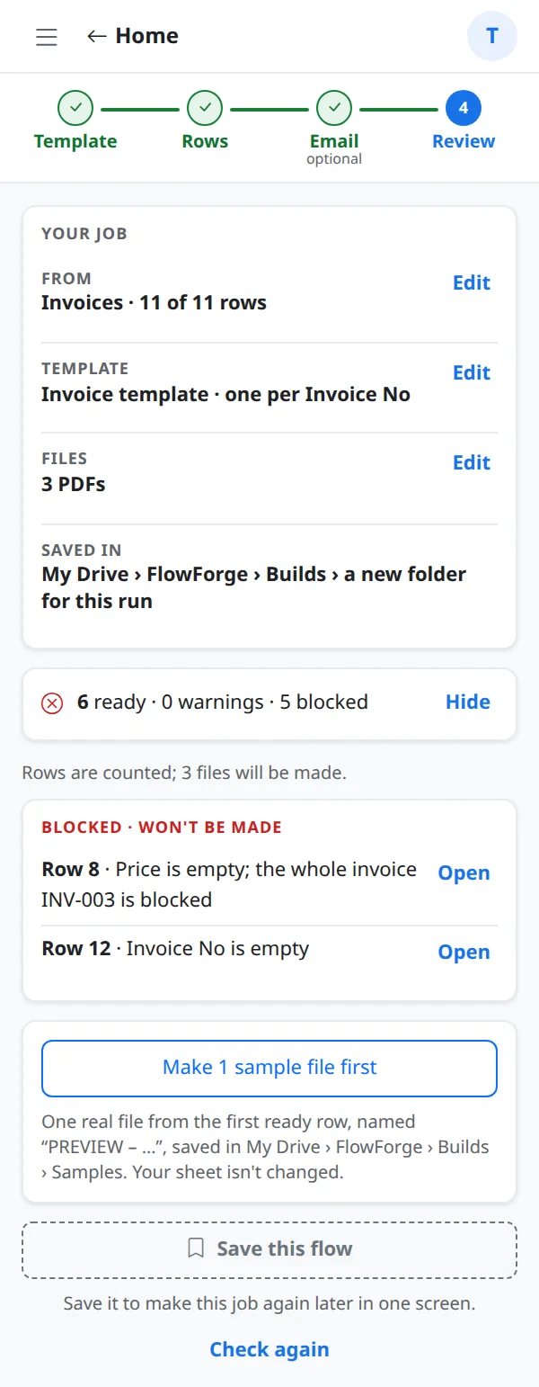 The Review step with the job summary, 6 ready and 5 blocked, and the Generate button