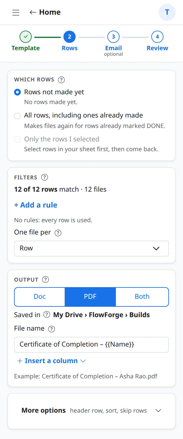 The Rows step with Which rows, Filters, One file per, Output, Saved in and File name