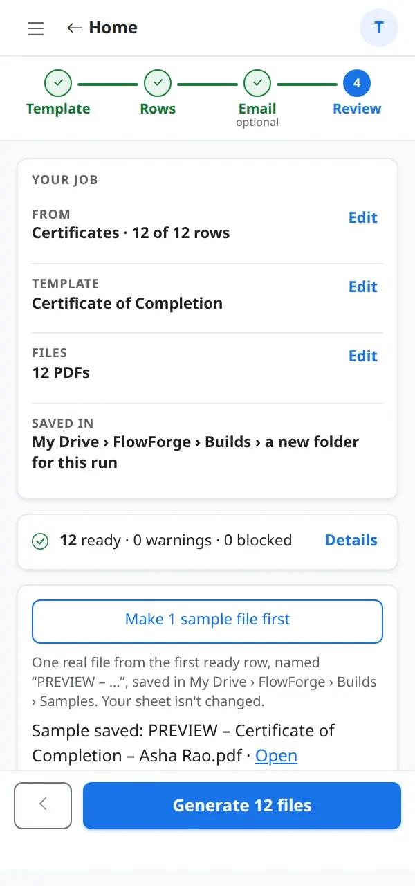 The sample file saved, with an Open link, above the Generate 12 files button