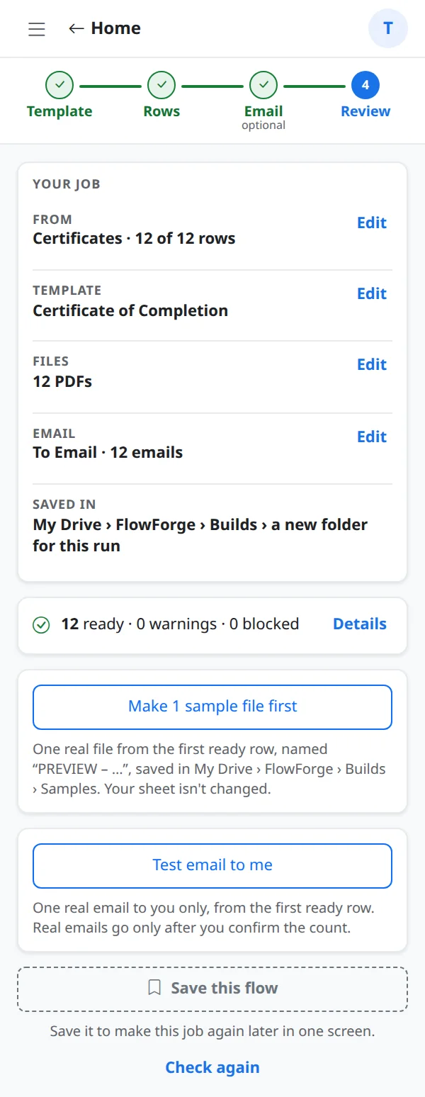 A confirmation before sending emails with a test email option