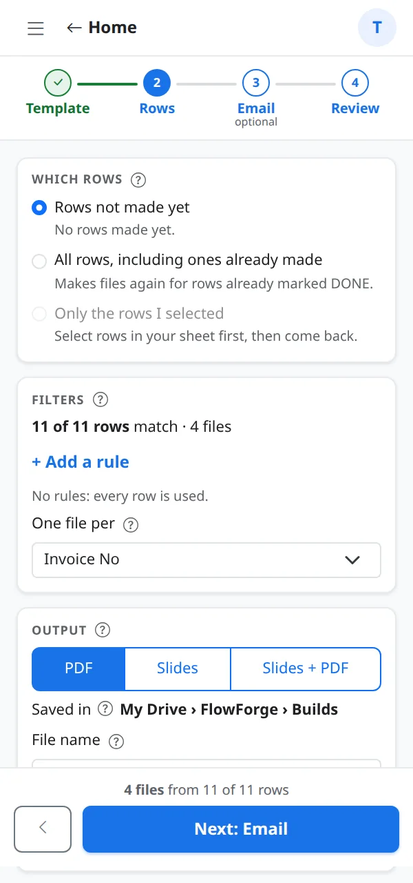 The Rows step with Slides and Slides plus PDF as output choices