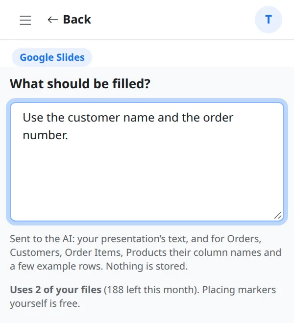 Google Slides: the prompt box for filling a presentation