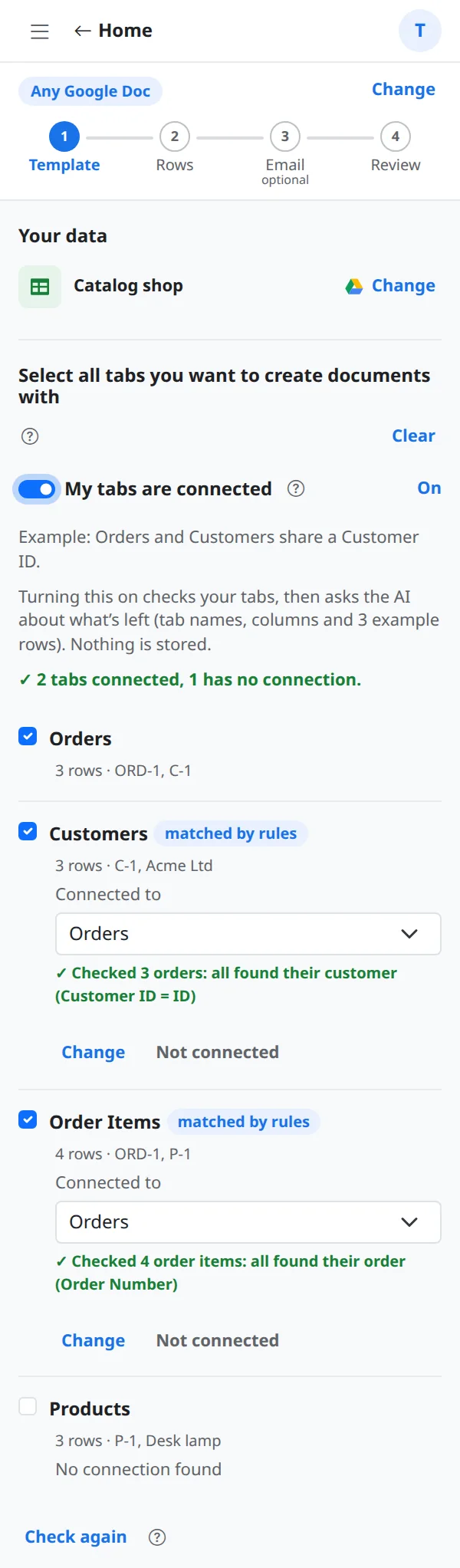 Orders, Customers and Order Items connected, with a green check line under each