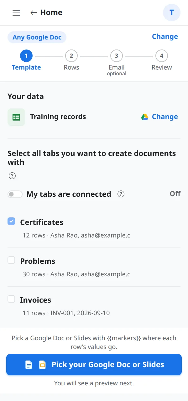 The Your data screen with three tabs: Certificates, Problems and Invoices