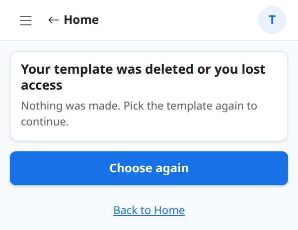 Your template was deleted or you lost access, with Choose again