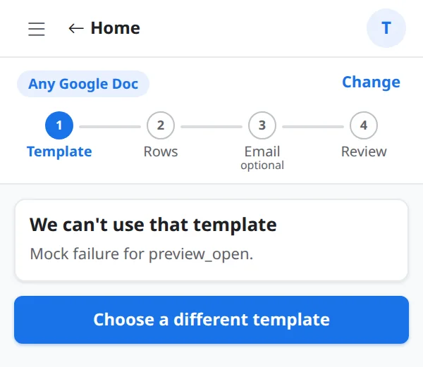 A message that the template cannot be used with a button to choose a different template