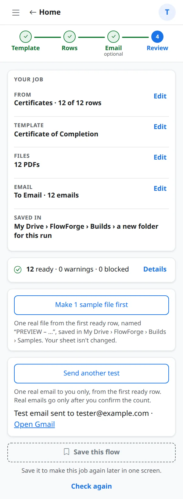 The Review step with the test email option