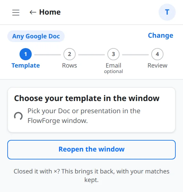The sidebar waiting while the template window is open