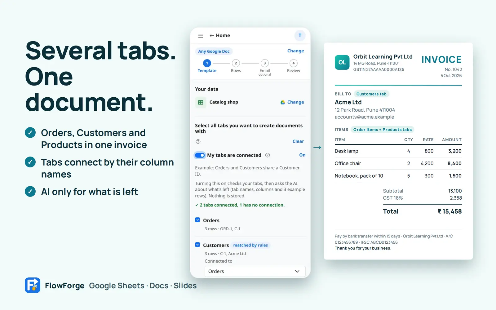 The connected tab list next to a finished invoice with customer details and items