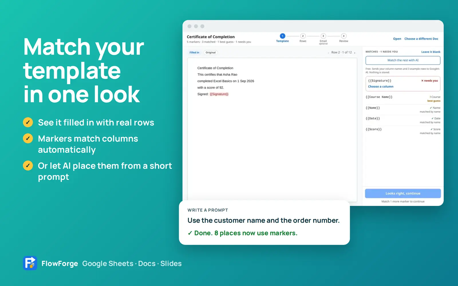 The FlowForge preview window with a certificate filled in and every marker matched to a column