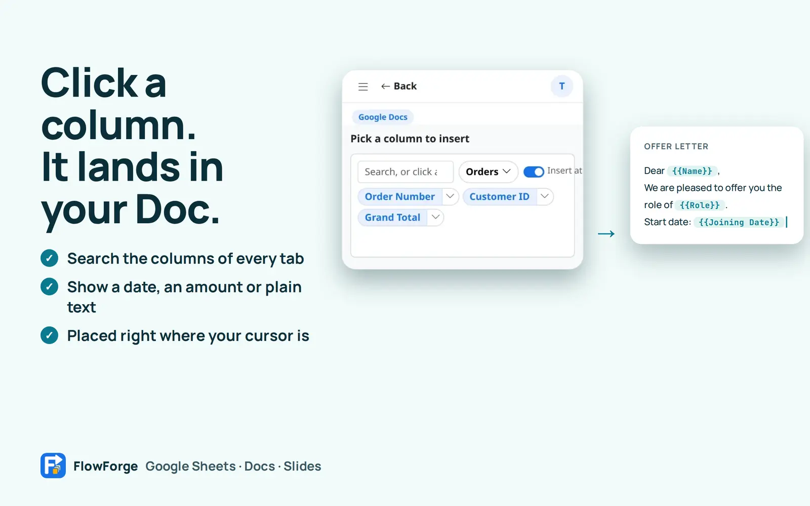 The column picker in Google Docs and an offer letter with a marker being placed