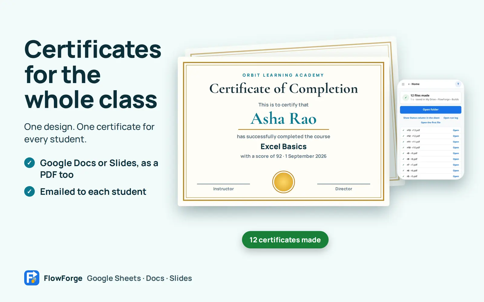 A finished certificate of completion with a run screen showing 12 files made
