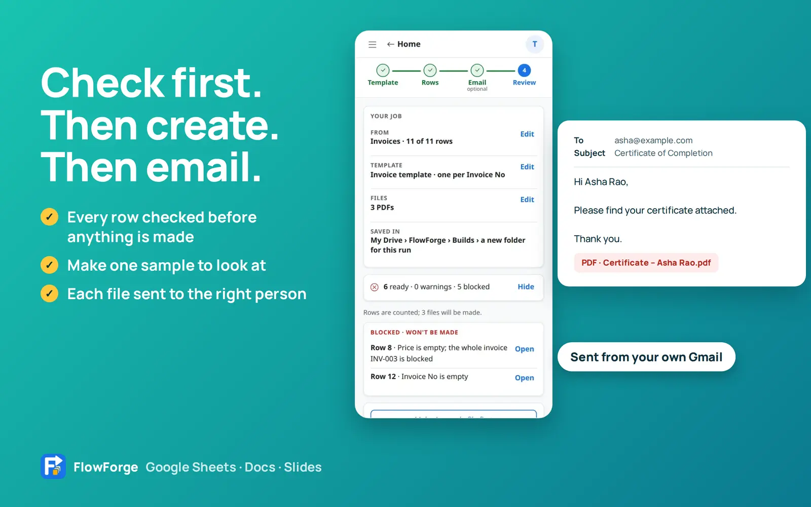 The review screen and an email with a PDF attached, sent from your own Gmail