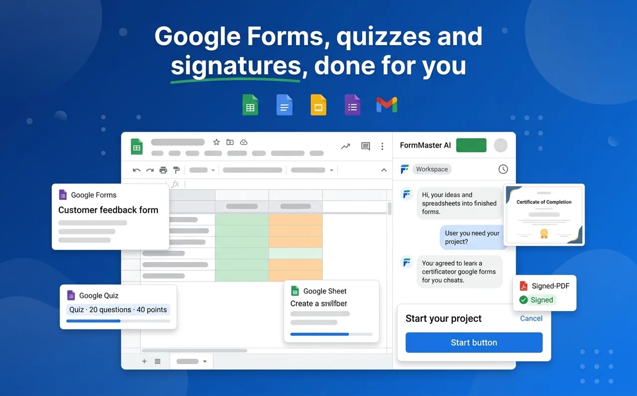FormMaster AI creating Google Forms, quizzes and certificates from Google Sheets