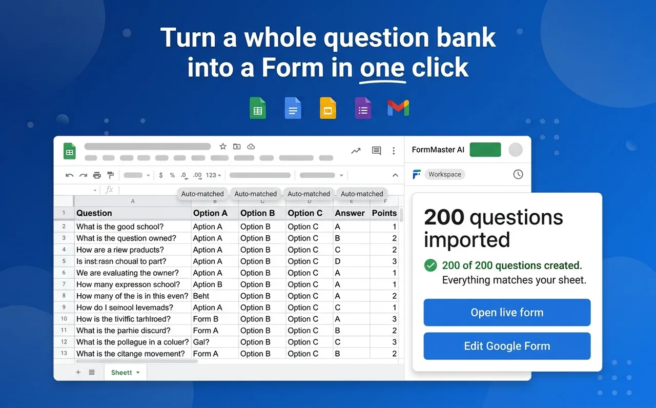 A Google Sheets question bank with columns matched and 200 questions imported