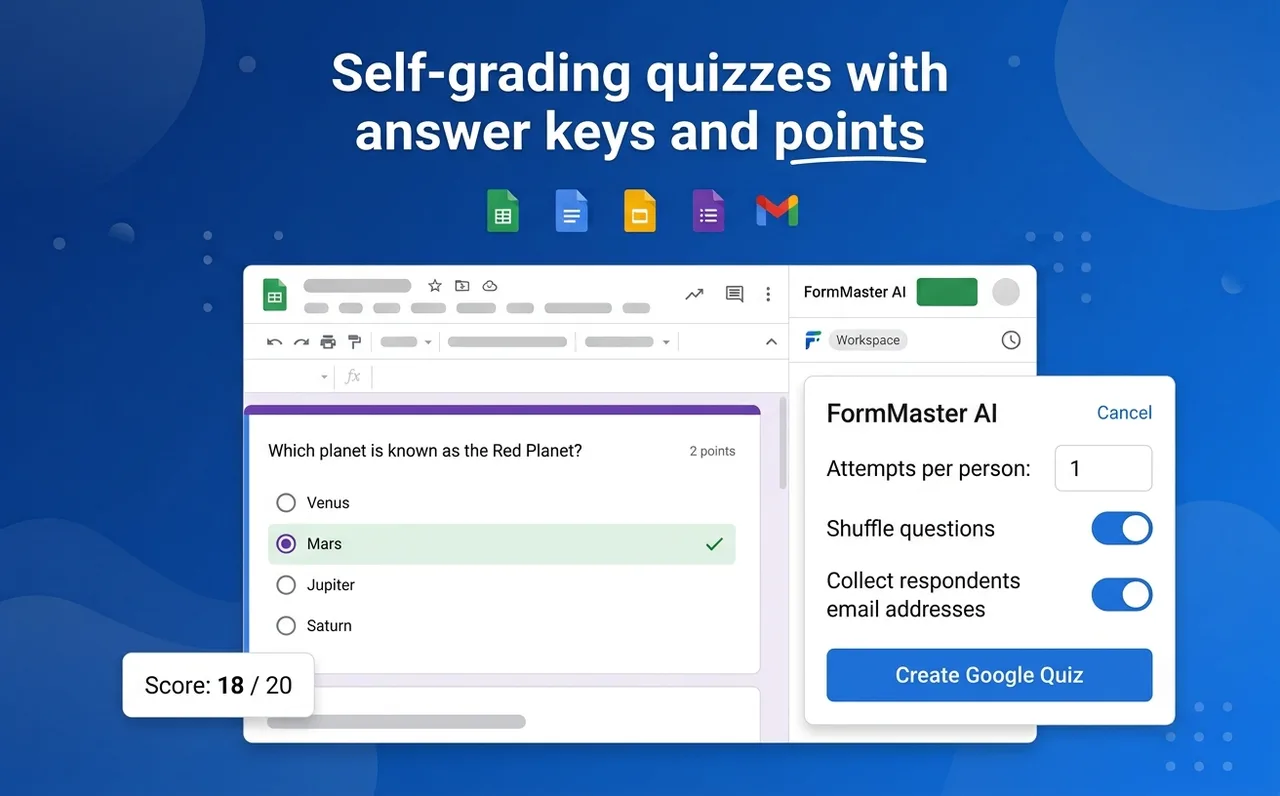 A Google Forms quiz question with the correct answer marked and FormMaster AI quiz settings