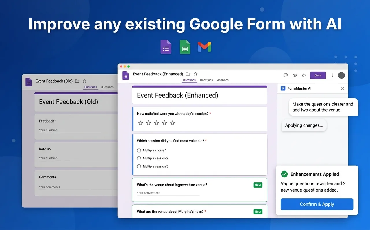 An existing Google Form before and after FormMaster AI improvements