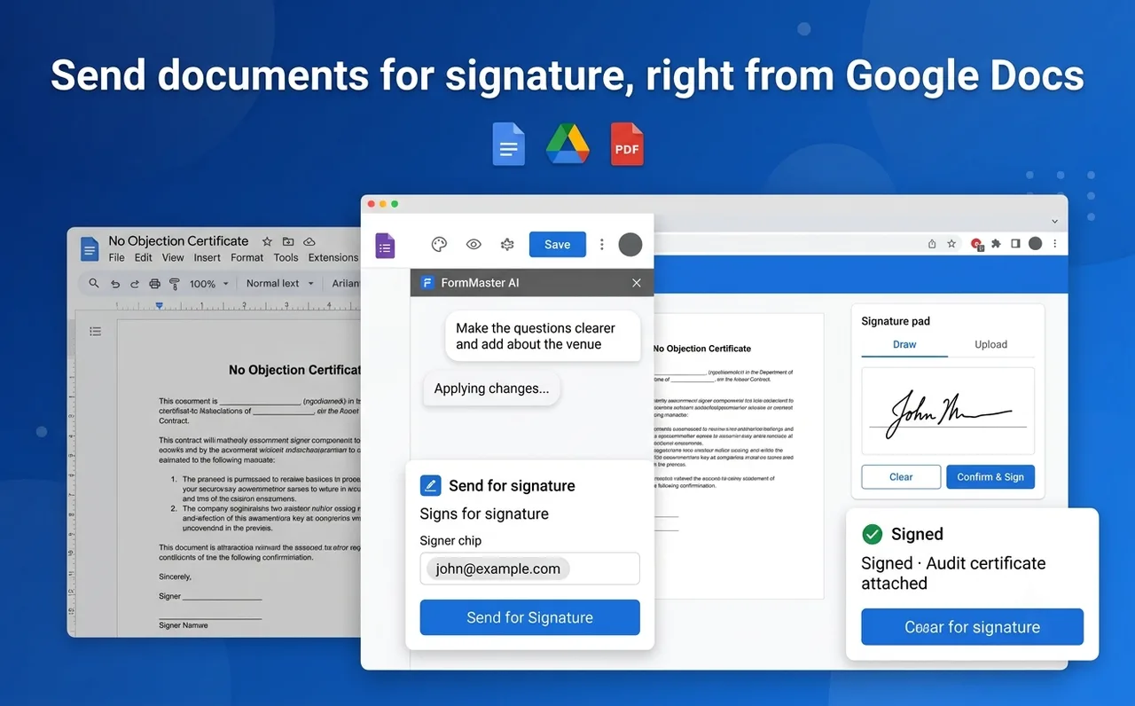 A Google Doc sent for signature and signed in the FormMaster AI signing page