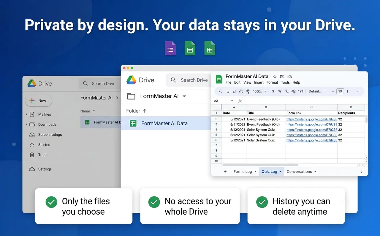 A FormMaster AI Drive folder with the FormMaster AI Data spreadsheet and its log tabs